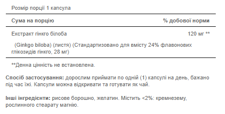 Ginkgo Biloba Standardized Extract 120mg - 100caps &mdash; оригінальний товар