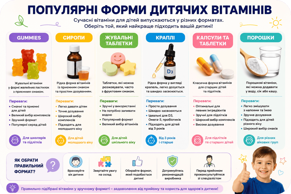 Популярні форми дитячих вітамінів 